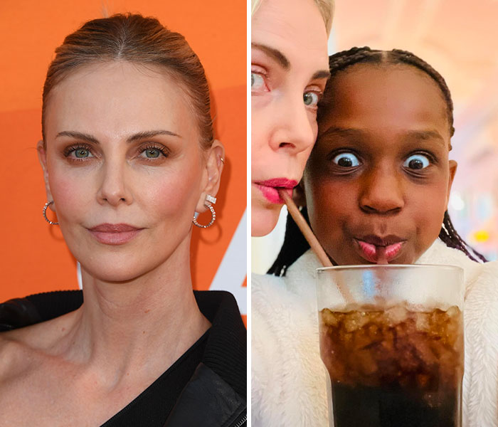 Actress Charlize Theron and her trans celebrity kid sharing a drink with a straw in a candid moment together
