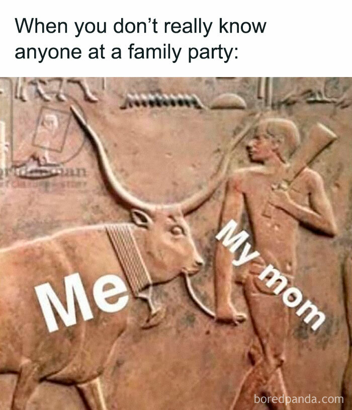 Ancient Egypt meme with hieroglyphic carving showing a bull labeled Me and a man labeled My mom at a family party.