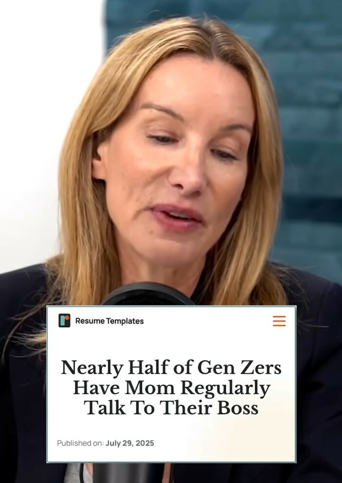 Woman speaking in a podcast setting with text about Gen-Z workers relying on mom to handle workplace battles.