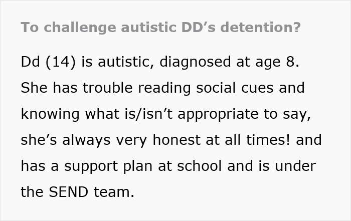 Text excerpt explaining a 14-year-old autistic teen’s difficulties reading social cues and school support plan details. Text excerpt explaining a 14-year-old autistic teen’s difficulties reading social cues and school support plan details.