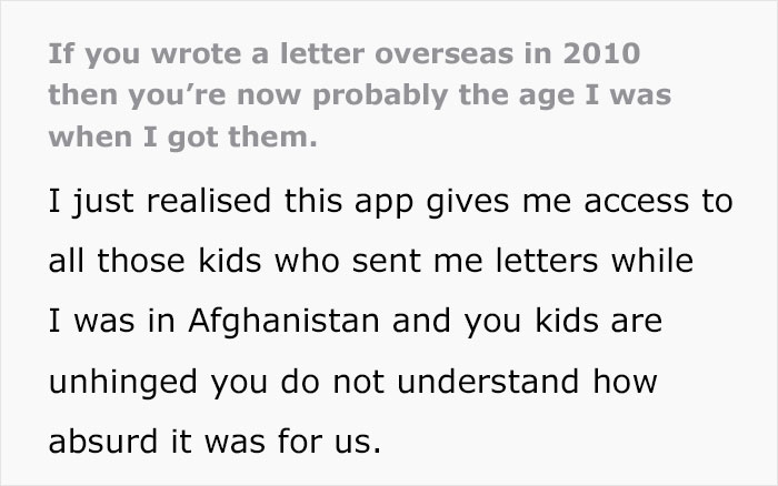 Text of a soldier reflecting on receiving hilarious and savage letters from kids while deployed overseas in Afghanistan.