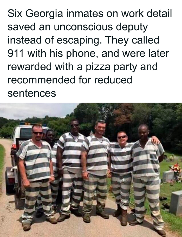 Six Georgia inmates in striped uniforms recognized for heroism, shared by an IG page with daily facts and interesting stories.