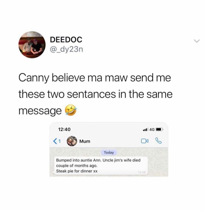 Screenshot of a humorous Scottish text message combining sad news and dinner plans in one message.