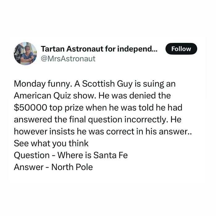 Tweet about a Scottish guy suing an American quiz show, featured in hilarious and unhinged posts from Scottish people online.