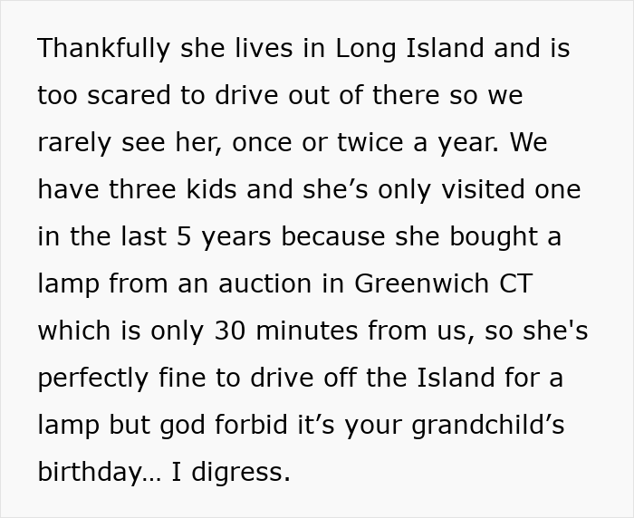 Text excerpt discussing a toxic MIL and family dynamics involving an inherited tractor and visits to Long Island.
