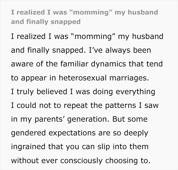 Text excerpt discussing a woman realizing she was momming her husband and addressing gendered expectations in marriage dynamics.