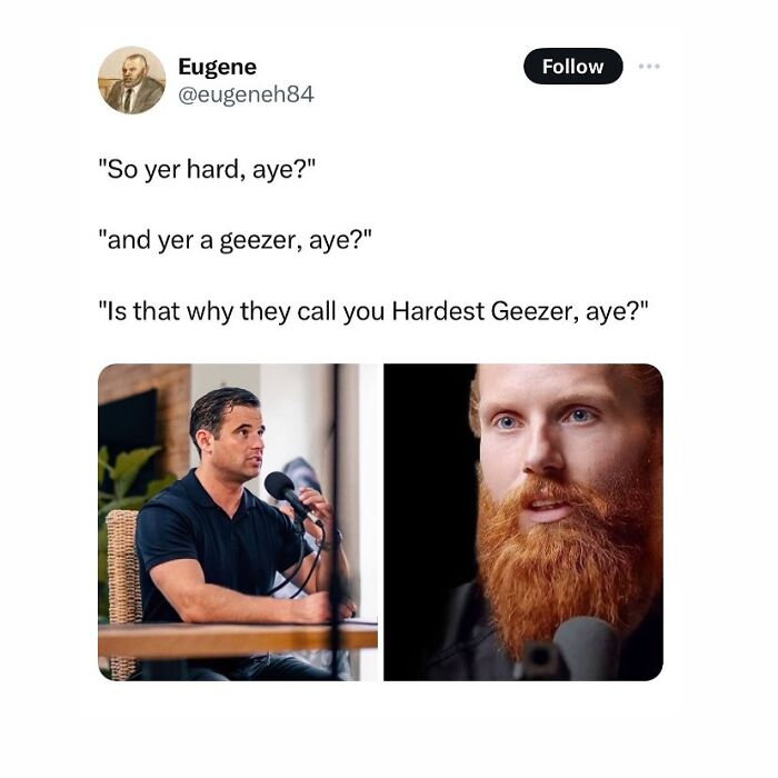 Tweet with humorous Scottish dialogue about being a hard geezer, paired with two men speaking into microphones in a podcast setting.