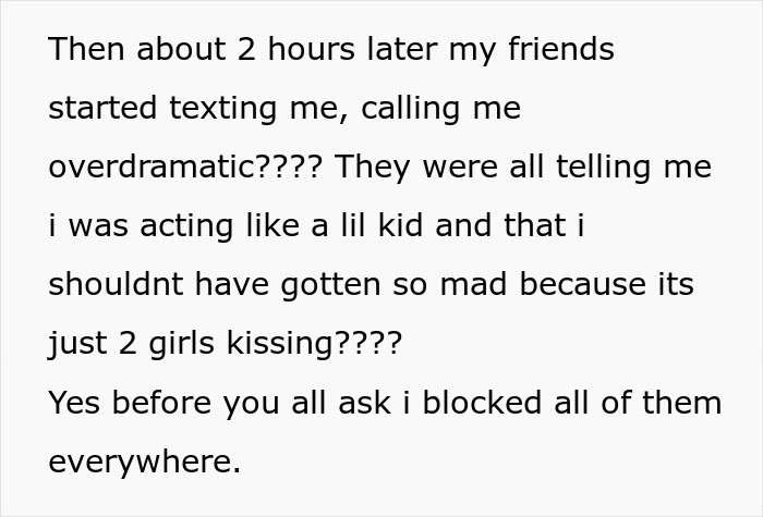 Text message conversation about friends calling someone overdramatic after girlfriend kisses another woman in front of friends.