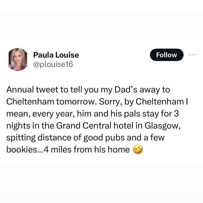 Tweet from Paula Louise humorously describing a Scottish dad’s annual trip near home in Glasgow, showcasing hilarious Scottish posts.