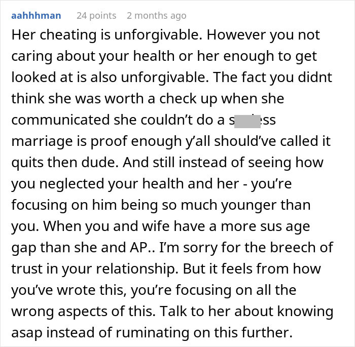 Screenshot of a Reddit comment discussing husband refusing intimacy and wife finding someone younger after five years.