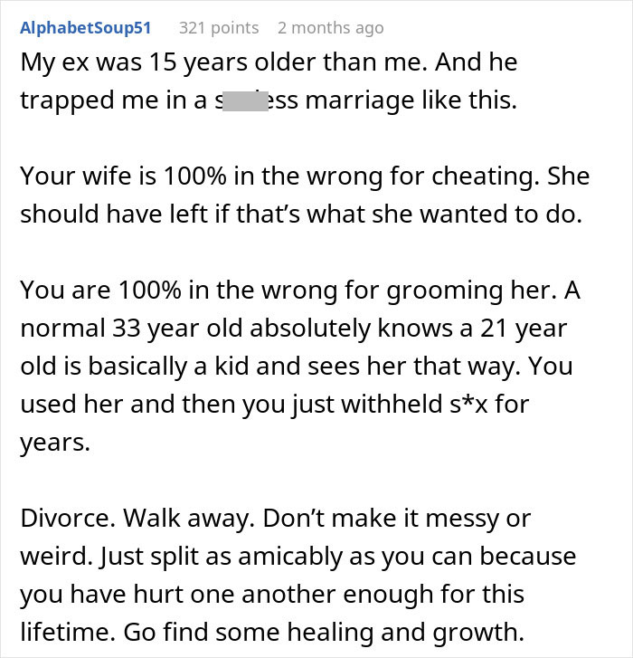 Comment discussing husband refusing intimacy for 5 years and wife finding someone 5 years younger after cheating.