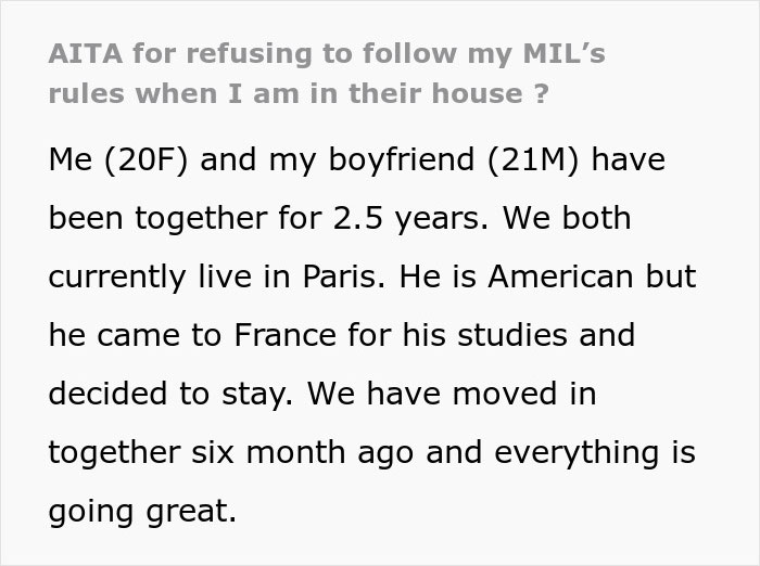 Text excerpt about MIL making son&rsquo;s girlfriend sleep in different room due to rules about praying and church attendance.