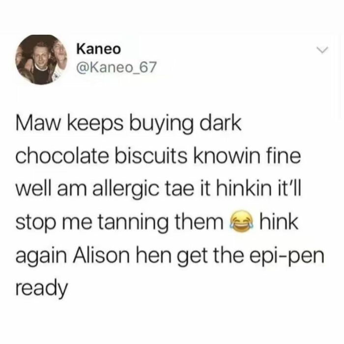 Scottish funny social media post about dark chocolate biscuits and allergies with unhinged humor and local slang.