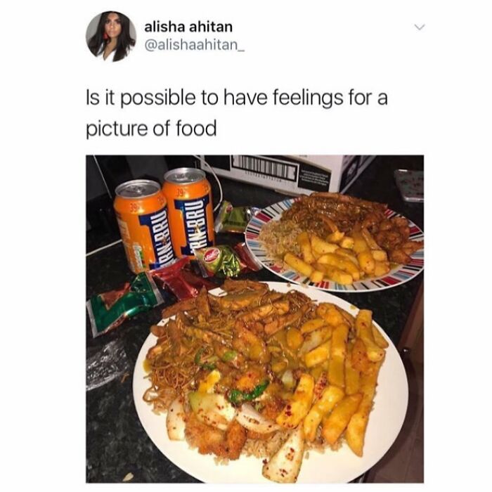 Scottish food and drinks with irn bru cans and plates of fries, chicken, and noodles, showcasing unhinged Scottish posts online