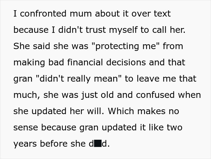 Text message about mom preventing solicitor contacting daughter regarding grandma’s inheritance to protect her from financial decisions. Text message about mom preventing solicitor contacting daughter regarding grandma’s inheritance to protect her from financial decisions.