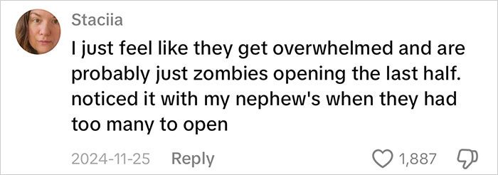 Comment discussing how kids get overwhelmed opening an insane amount of gifts, highlighting consumerism concerns.