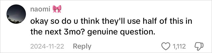 Comment questioning if half of the gifts from viral mom will be used in the next three months, highlighting consumerism.