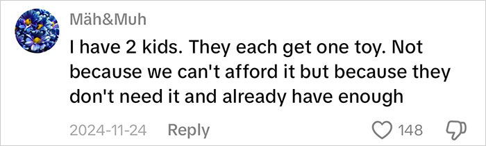 Comment on viral mom receiving backlash for consumerism, discussing kids getting fewer toys due to need and abundance.