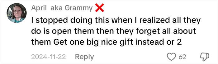 Comment from a user named April expressing concern about excessive gifts for kids and suggesting fewer, bigger presents.