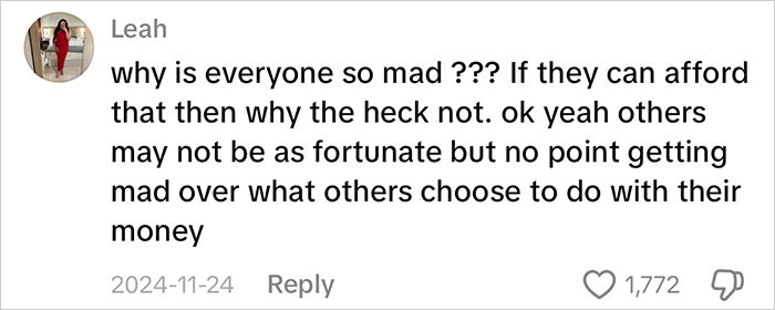 Comment from Leah defending a mom who went viral for giving an insane amount of gifts to her kids amid consumerism backlash.