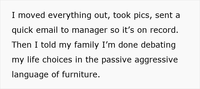 Text about moving out belongings and communicating with family, highlighting aunt crib storage baby organization challenges.
