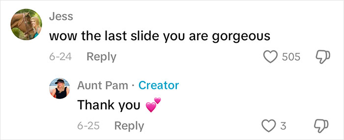 Screenshot of social media comments praising a woman sharing her aging progress and facelift results at 70 years old.