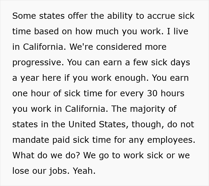 Text discussing how many U.S. states lack paid sick time, affecting workers who must choose work or job loss.