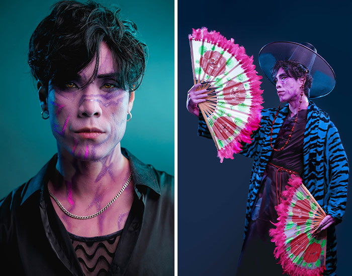 Man with dramatic face paint and colorful Halloween costume holding two fans, showcasing celebrity Halloween costumes.