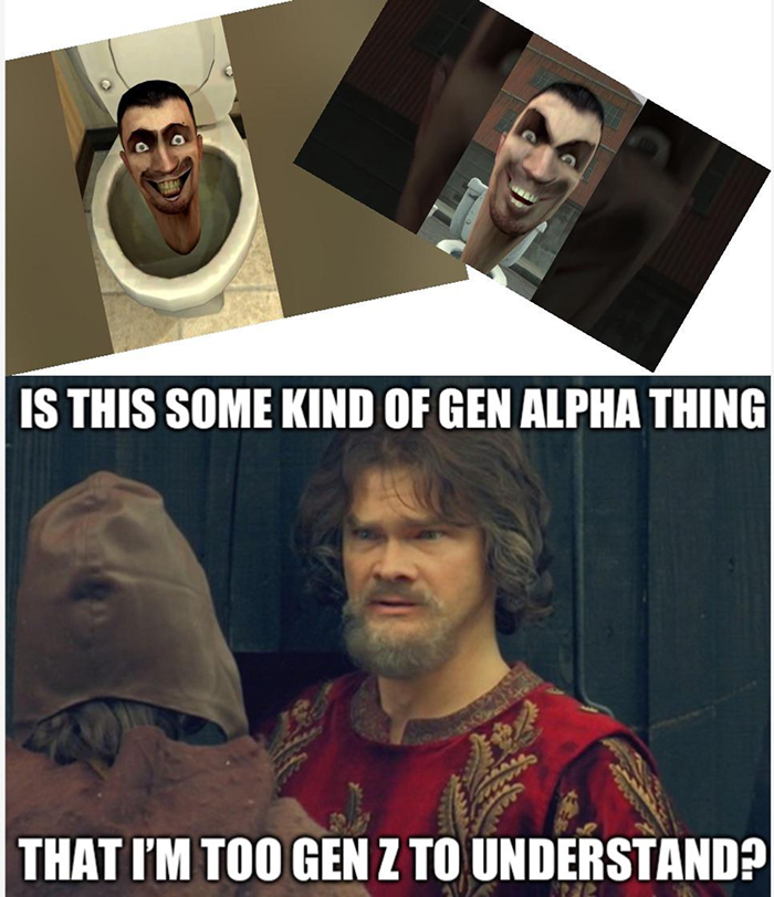 Meme showing confusing Gen Alpha and Gen Z references with distorted faces and a man questioning generation name chaos.