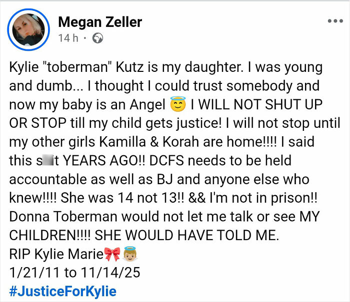 Alt text: Social media post demanding justice for 14-year-old girl found dead in RV, step-uncle arrested in ongoing investigation Alt text: Social media post demanding justice for 14-year-old girl found dead in RV, step-uncle arrested in ongoing investigation