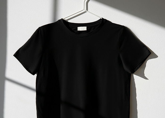Plain black T-shirt hanging on a white wall with shadows, illustrating horrible gifts people have actually received.