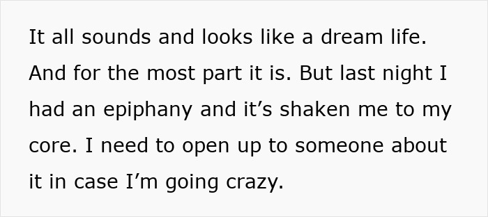 Text excerpt showing a man struggling with prioritizing work over family, feeling shaken and needing to open up. Text excerpt showing a man struggling with prioritizing work over family, feeling shaken and needing to open up.