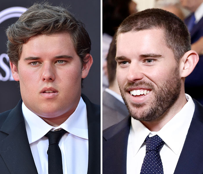 Side-by-side photos of a male celebrity showing dramatic transformations in appearance and style for celebrity transformations 2025.