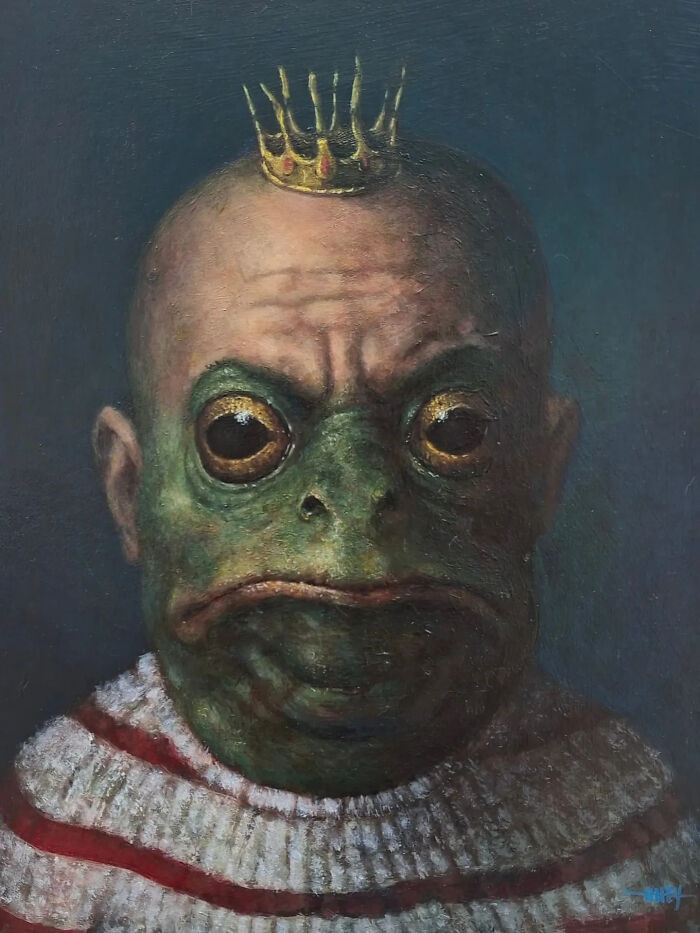 Creepy painting of a frog-faced figure wearing a crown and ruffled collar, a horror art piece by Tyler Tilley.