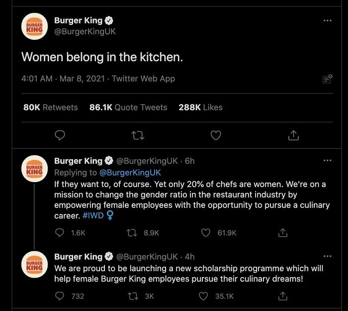 Burger King tweet using controversial ad statement about women to highlight gender inequality in chefs and promote empowerment program.