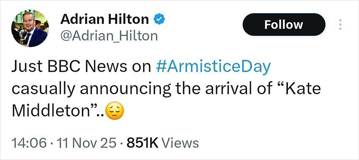 Tweet from Adrian Hilton criticizing BBC over Princess Kate coverage, highlighting backlash and headline changes involving Kate Middleton news.