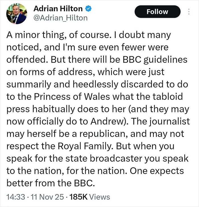 Tweet by Adrian Hilton discussing BBC guidelines and backlash related to Princess Kate and the broadcaster&rsquo;s headline changes.