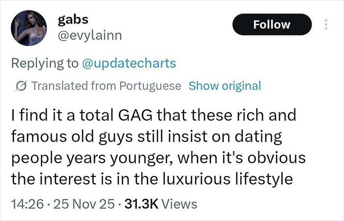 Twitter comment about rich older men dating younger partners highlighting gold digger accusations and Calvin Klein controversy.