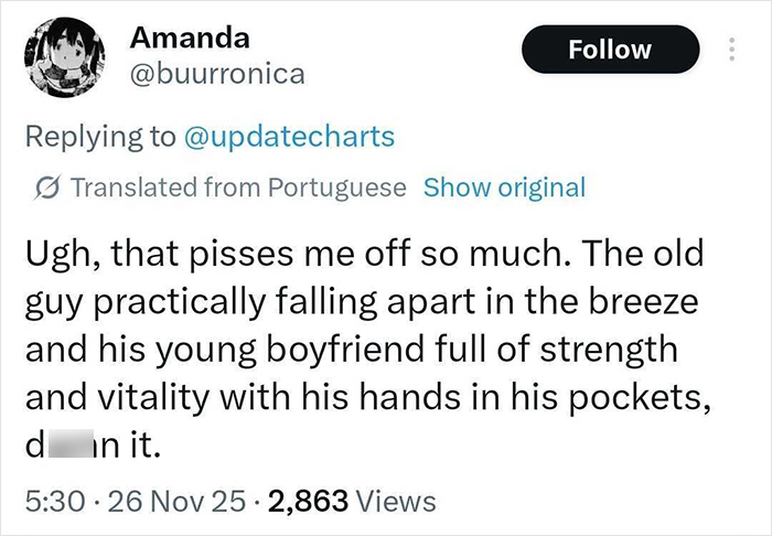 Tweet expressing frustration about an 83-year-old Calvin Klein stumbling and boyfriend&rsquo;s indifferent reaction.