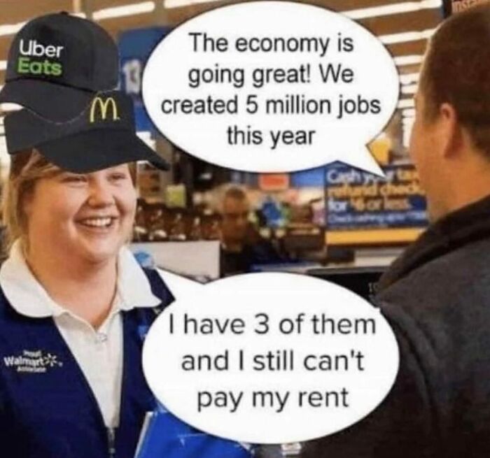 Woman in a Walmart uniform wearing Uber Eats and McDonald's hats, humorously commenting on jobs and rent struggles in a meme.