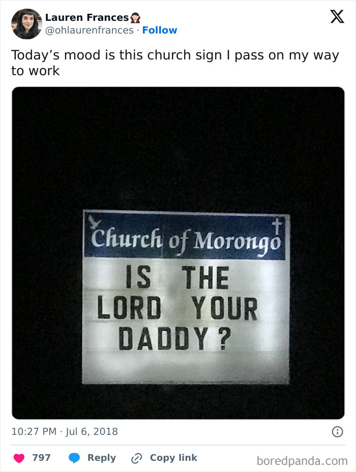 Church sign at night with humorous message asking if the Lord is your daddy, featuring church signs with jokes keywords.