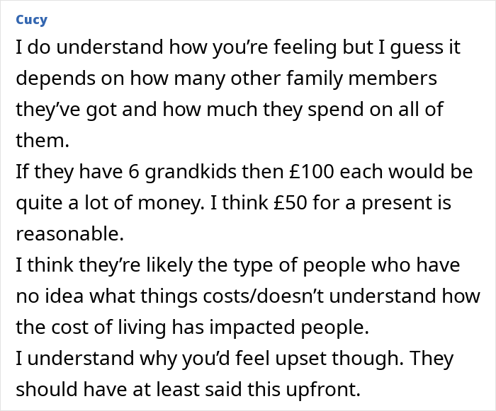 Comment discussing grandparents combining birthday and Christmas gift spending and the mom feeling scammed over costs.