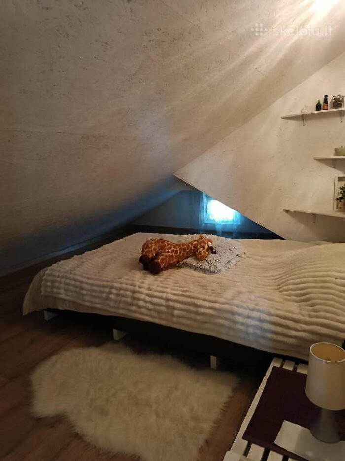 Small bedroom with low slanted ceiling, a bed with stuffed giraffe toy, and minimalist real estate listing interior.