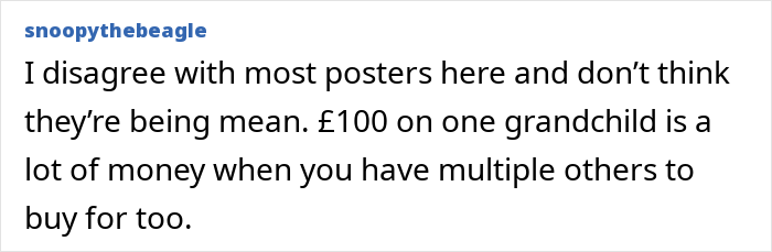 Screenshot of a comment discussing grandparents combining birthday and Christmas gifts, with a mom feeling scammed over gift value.