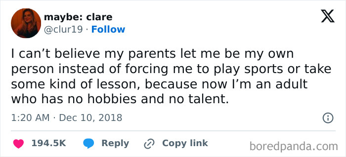 Tweet expressing self-deprecating humor about having no hobbies or talent, fitting self-deprecating memes feel personally attacked.