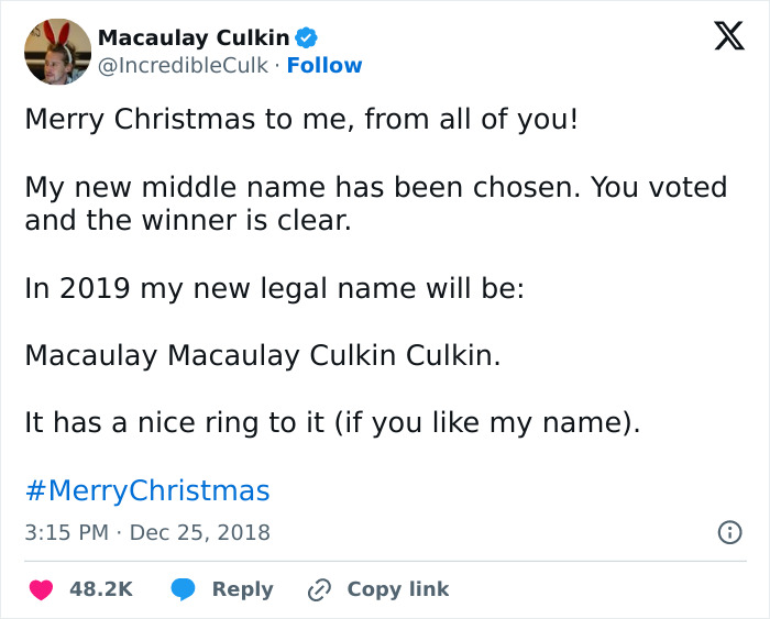 Screenshot of Macaulay Culkin tweet announcing his new legal name change and thanking fans for their votes.