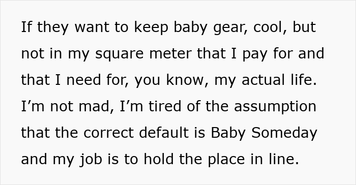 Text excerpt showing frustration about keeping baby gear and managing aunt crib storage baby space in a small living area.