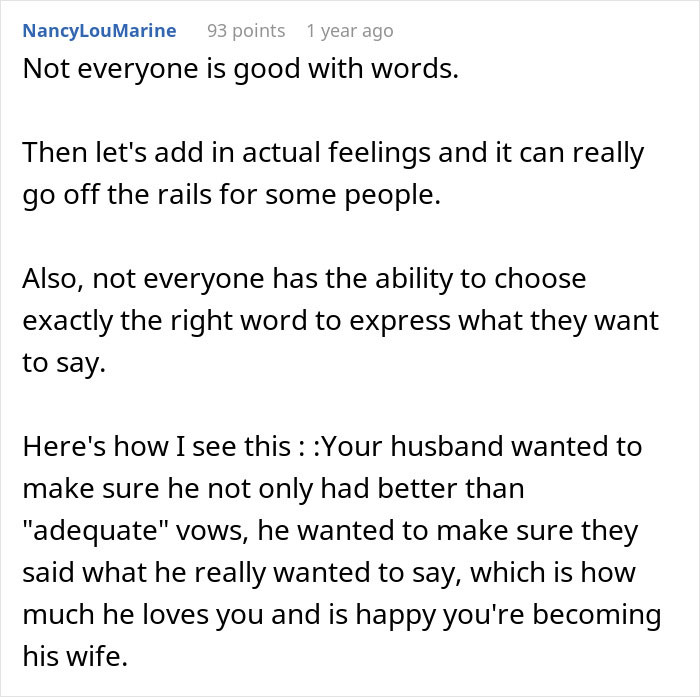 Screenshot of a Reddit comment explaining how groom’s vows made wife cry and his careful writing process. Screenshot of a Reddit comment explaining how groom’s vows made wife cry and his careful writing process.
