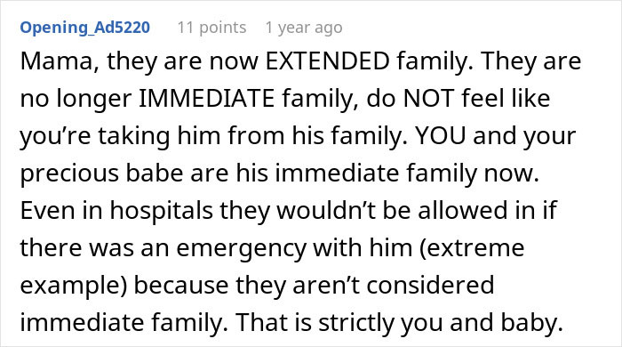 Screenshot of a Reddit comment explaining extended family versus immediate family in a discussion about MIL selfish and possessive behavior.