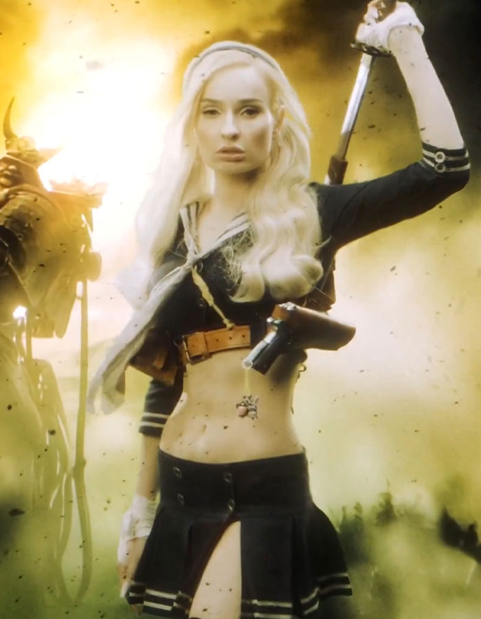 Female celebrity in a fierce Halloween costume holding a weapon, showcasing one of the best celebrity Halloween outfits this year.